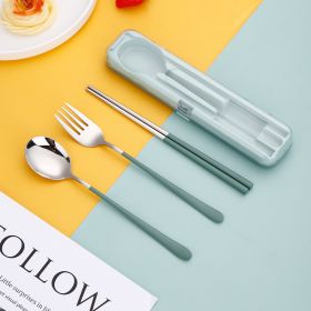 3pcs Portable Stainless Steel Cutlery Set; Fork Spoon Chopsticks With Case (Color: green)