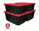 27 Gallon Large Storage Bin with Snap Lid, Black and Red, Heavy Duty Plastic Storage Container